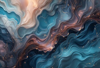 Abstract Fluid Art Gold Veins Teal Swirls
