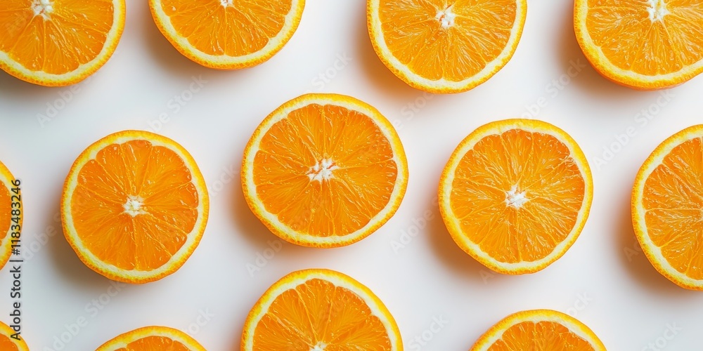 Poster macro image showcasing vibrant ripe orange slices arranged over a clean white background, highlighti