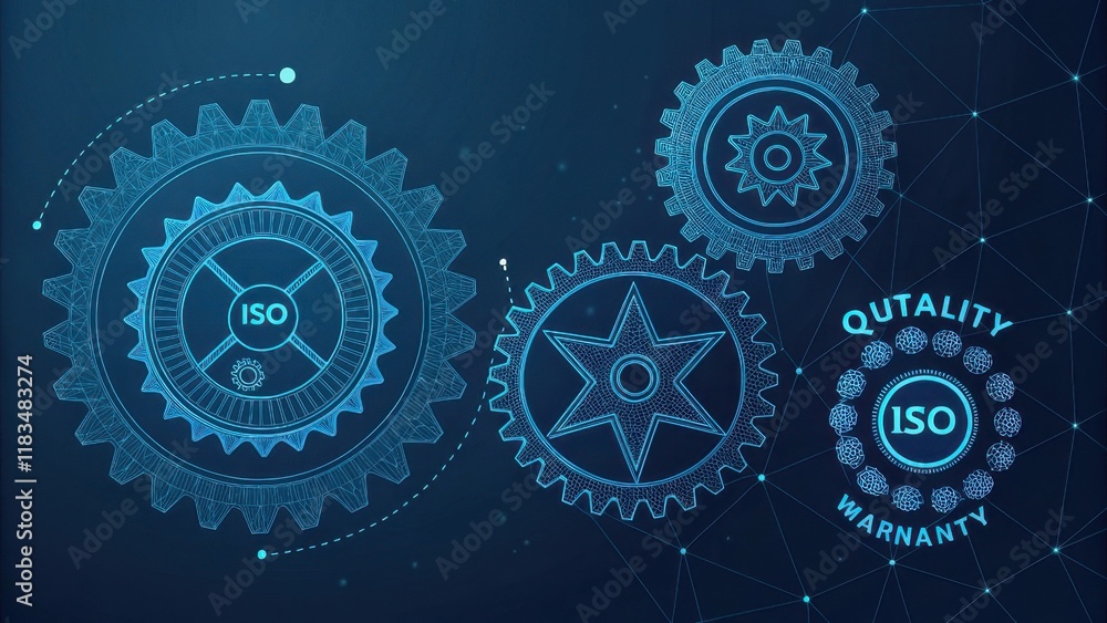 Poster the image features intricate blue gears with iso certification symbols, representing quality managem
