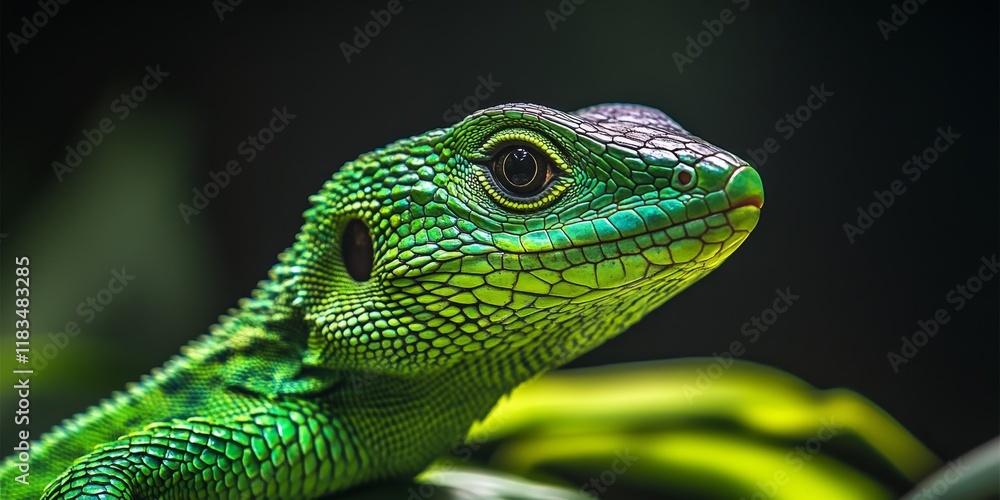 Poster stunning closeup of a beautiful lizard showcasing vivid green colors and intricate textures, highlig