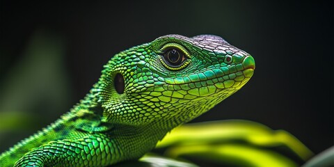 Fototapeta premium Stunning closeup of a beautiful lizard showcasing vivid green colors and intricate textures, highlighting the remarkable features of this beautiful lizard in its natural habitat.