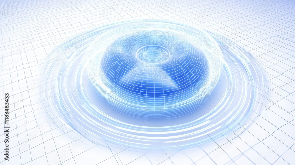 Poster holographic cloud computing icon surrounded by glowing blue tech lines on a white grid background, s