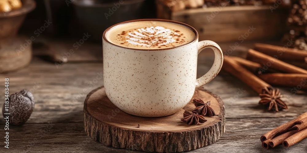 Aufkleber A rustic setting featuring a cup of latte, highlighting the comforting allure of a latte in an inviting environment perfect for enjoying a warm cup of latte.