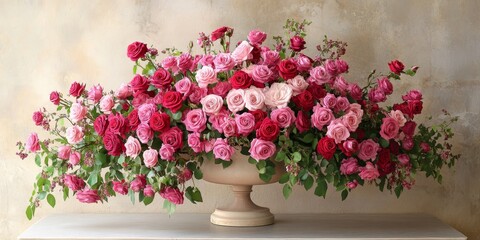 Obraz premium A beautiful display of pink roses and red roses elegantly arranged on a table, showcasing the vibrant colors and delicate beauty of roses in a charming setting.
