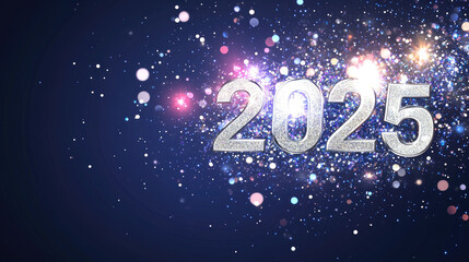 Stunning 3D Silver “2025” with Glitter on Dark Blue: Ideal Vector for New Year Greetings, Banners in Ultra-High Def, Stock Style.