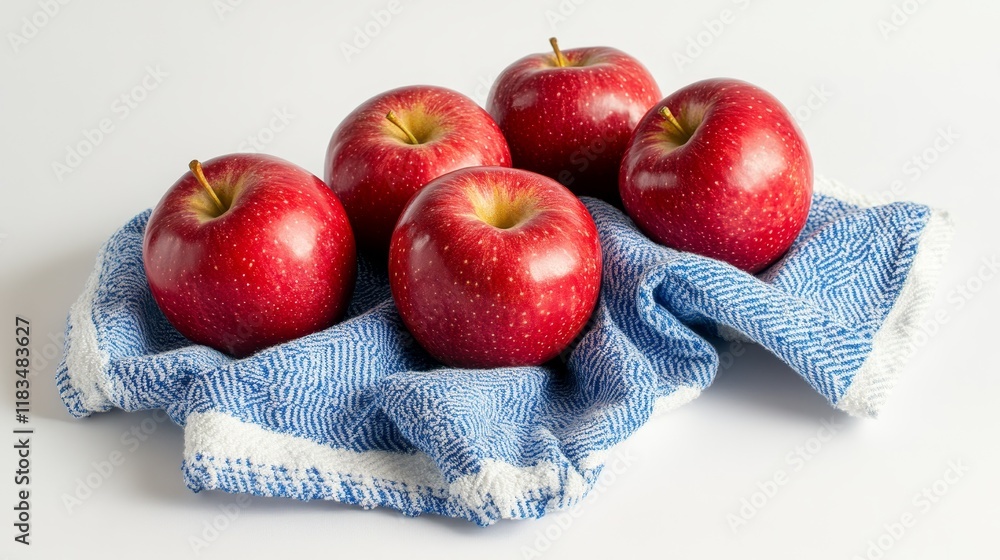 Aufkleber five vibrant red apples arranged on a blue and white towel, set against a clean white background, cr