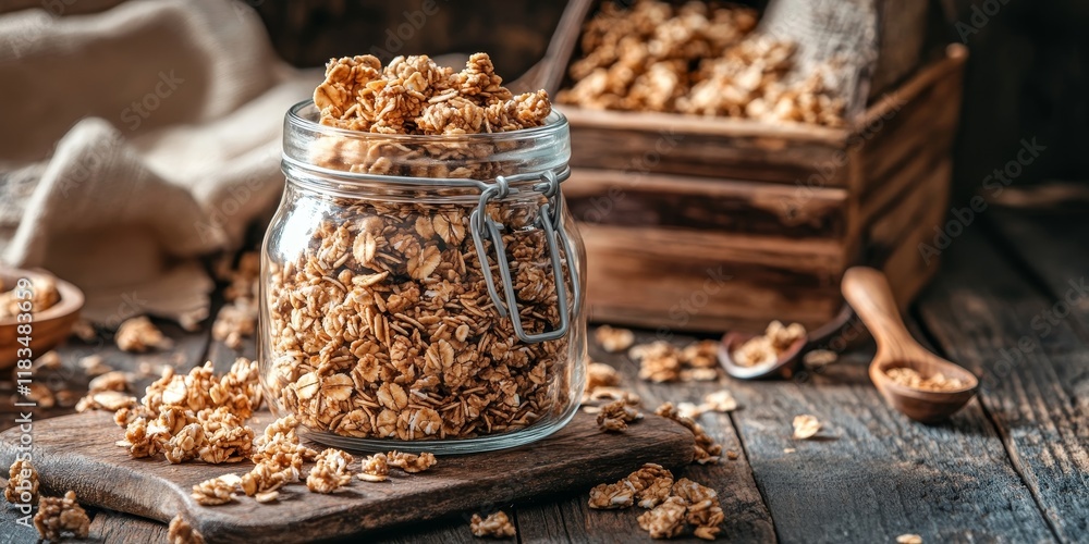Poster homemade granola in a glass jar displayed on a rustic wooden table offers a delightful and healthy b