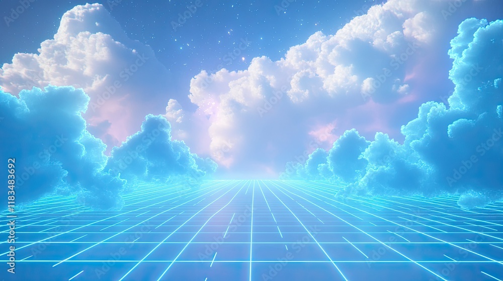 Poster holographic-style cloud computing design with vibrant blue accents and futuristic tech lines on a cl