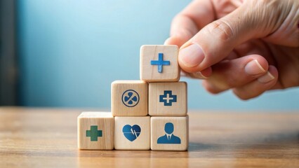 A hand places a wooden block featuring health symbols on top of others, showcasing a concept of wellness and healthcare.