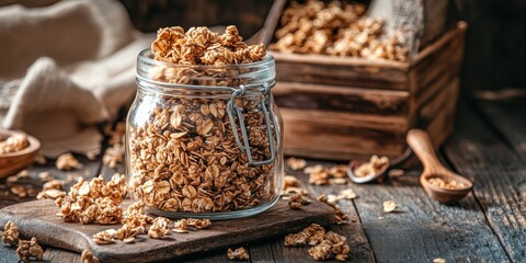 Homemade granola in a glass jar displayed on a rustic wooden table offers a delightful and healthy breakfast option. Enjoy the nutritious goodness of homemade granola for a perfect start to your day.