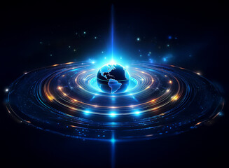 Fototapeta premium A glowing blue Earth at the center of swirling, luminous rings, radiating energy and cosmic power. A futuristic, abstract depiction of planetary energy.