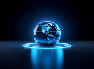 Glowing blue orb depicting Earth, encircled by a futuristic ring, reflecting on a dark surface.  Suggests global connectivity and technology.