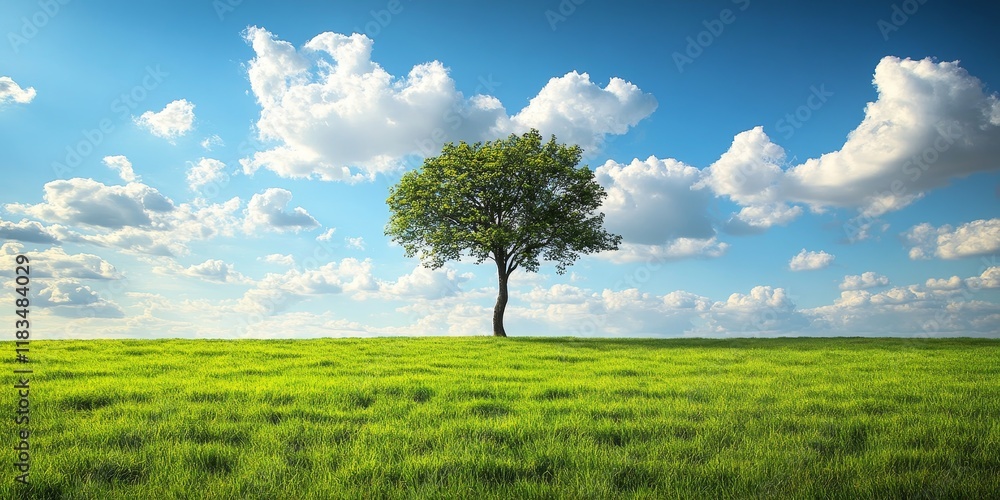 Aufkleber expansive field of vibrant green grass features a solitary tree against a backdrop of gentle clouds 