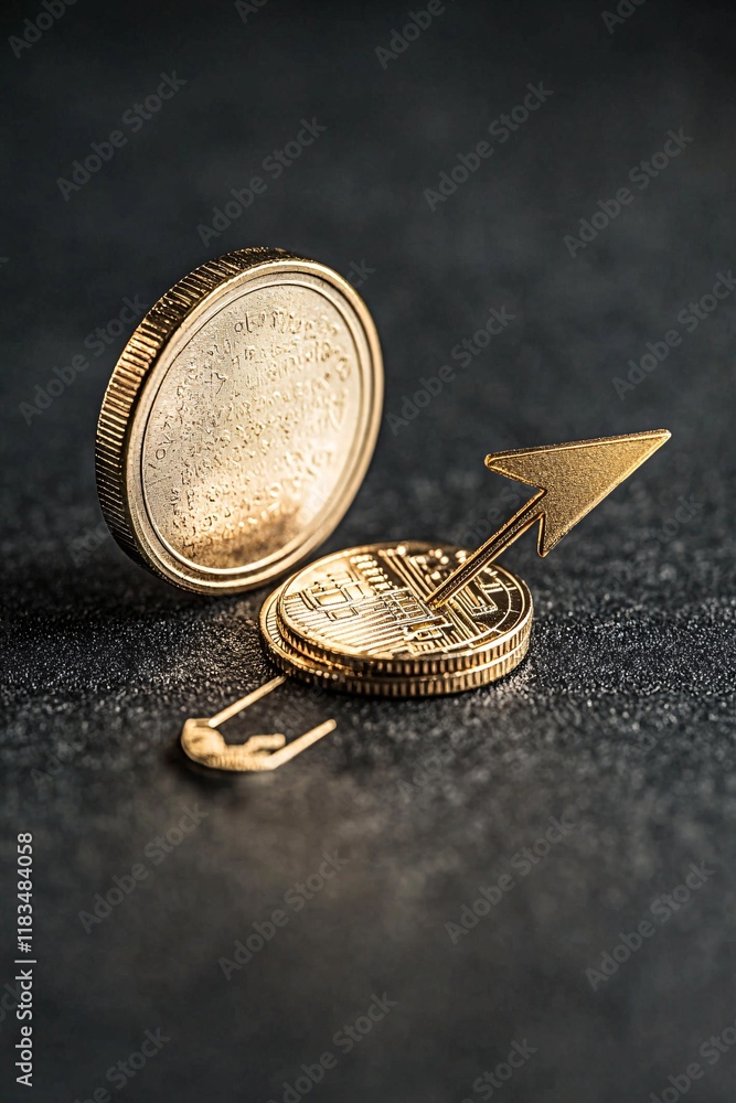 Poster gold coin with a down arrow embedded, symbolizing the fall in interest returns