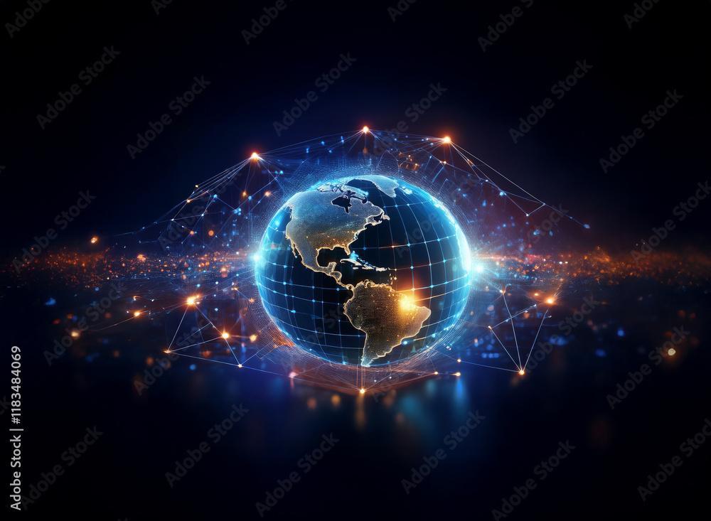 Poster a glowing digital earth, encircled by interconnected nodes, representing global network and data flo