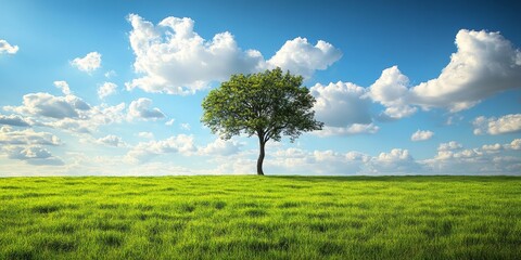 Obraz premium Expansive field of vibrant green grass features a solitary tree against a backdrop of gentle clouds in the bright blue sky, creating a serene landscape of green grass and natural beauty.