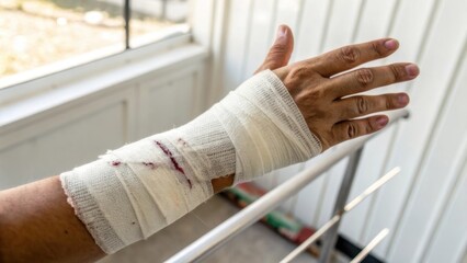 A bandaged hand with visible injuries, showcasing medical treatment and recovery in a well-lit environment.