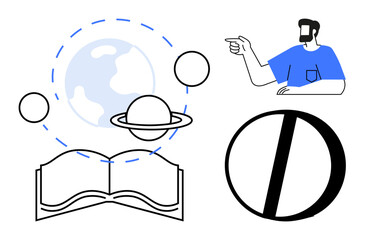 Open book with planetary orbits, person pointing, and prohibitive sign. Ideal for education, science, curiosity, knowledge, learning exploration restrictions discovery. Combination of concrete
