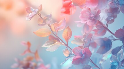 Iridescent floral frame with pastel hues, soft leaves, and a dreamy gradient backdrop, ideal for decorative cards or promotional designs.
