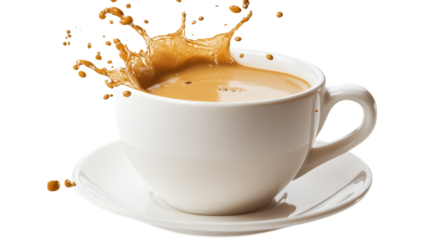 White cup with coffee splashing out, dynamic movement, isolated on a white background. PNG transparent.