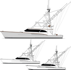 Sport fishing boat vector line art illustration and one-color