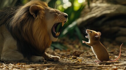 a mouse trying to roar like a lion, symbolizing false bravado