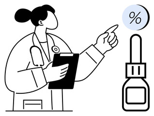 Female doctor with stethoscope holding clipboard, pointing at percentage symbol near medical dropper. Ideal for healthcare, medical data, prescriptions, healthcare marketing, medical research