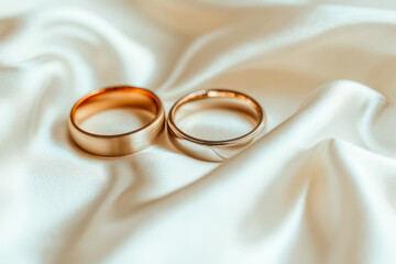 Two wedding rings resting on white silk fabric