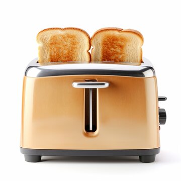 A close-up image of a retro toaster with two slices of bread on a white background with a shadow. The toaster is cream-colored, and the bread is golden brown. Isolated on a white color background.