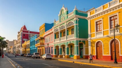 Obraz premium A vibrant street lined with colorful colonial buildings under a clear blue sky, showcasing the charm and architecture of a lively urban area.