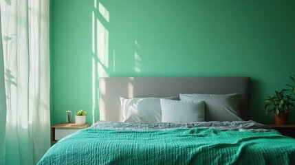 Minimalist bedroom featuring a sleek grey headboard, a vibrant green blanket, and a mint-colored wall for a refreshing modern style.