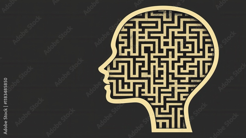 Poster a stylized profile silhouette filled with a maze pattern, symbolizing complexity and the intricacies