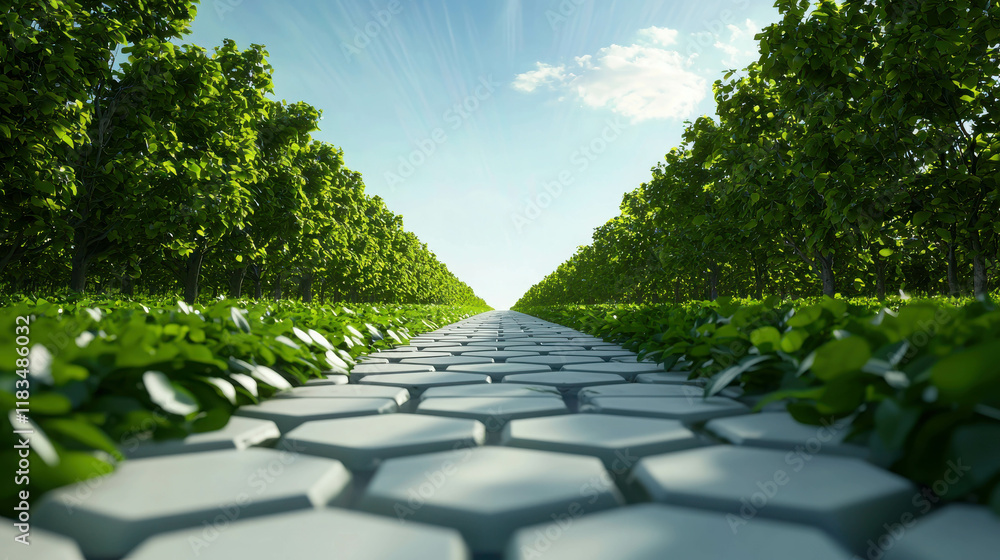 Aufkleber futuristic highway made of floating hexagonal tiles surrounded by lush green trees
