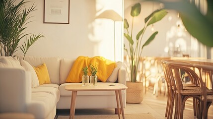 Minimalist living room with white walls, a cozy sofa, coffee table, light carpet, green plants in vases, a lamp stand, and a yellow blanket for a relaxing ambiance.