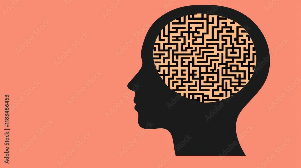 Poster a silhouette of a head filled with a maze pattern, symbolizing the complexity of thoughts and mental