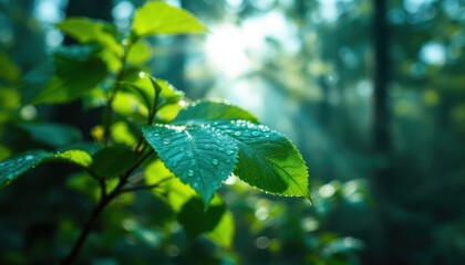 Morning sunlight on dew-kissed leaves in a serene forest