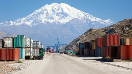 Naklejka premium Majestic Mountain Scenery Overlooking a Busy Cargo Shipping Container Port