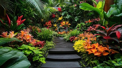 Tropical garden with vibrant heliconia and ferns, lush and exotic look  