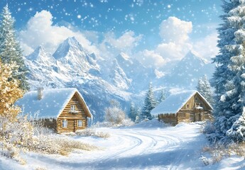 Snowy Mountain Cabins Winter Wonderland Scene