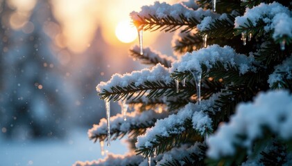 Frosty Christmas tree with icicles and snowflakes, winter, shimmer, ornaments