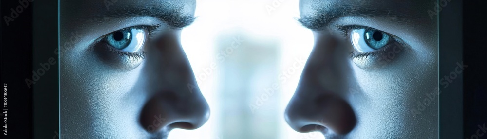 Poster two individuals face each other, intensely gazing, with a soft glow illuminating their features and 