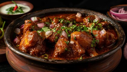 Fototapeta premium A close-up shot of a traditional Indian curry dish with lamb, onions, and cilantro in a clay pot.