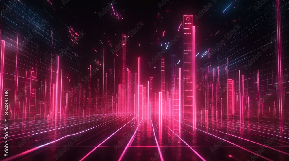 Aufkleber neon candlestick graph with a futuristic glow, set against a dark background with data grid overlays