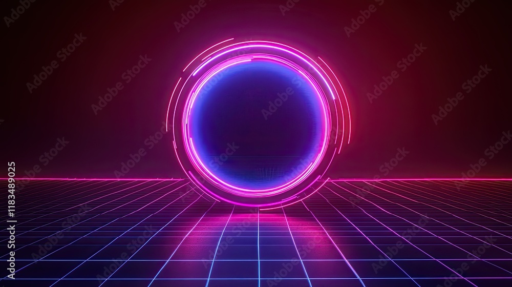 Poster neon-style computer hologram surrounded by futuristic tech lines, displayed on a grid surface. conce