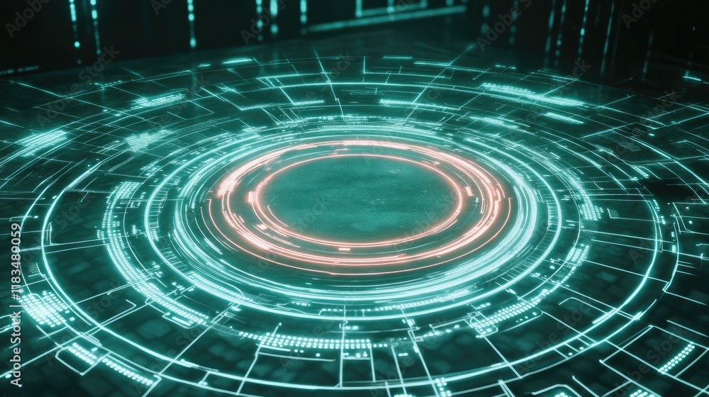 Poster neon-style computer hologram surrounded by futuristic tech lines, displayed on a grid surface. conce