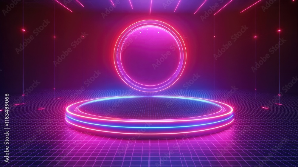 Poster neon-style computer hologram surrounded by futuristic tech lines, displayed on a grid surface. conce