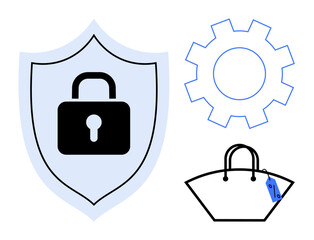 Shield with padlock signifying security, gear representing engineering, and shopping bag symbolizing commerce. Ideal for cybersecurity, manufacturing, retail, e-commerce, protection, technology