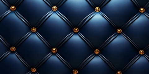 Fototapeta premium The image shows a close-up of a dark blue, quilted leather surface adorned with gold-colored buttons