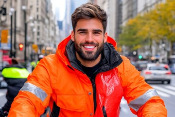 A smiling delivery driver on a scooter. Generative AI