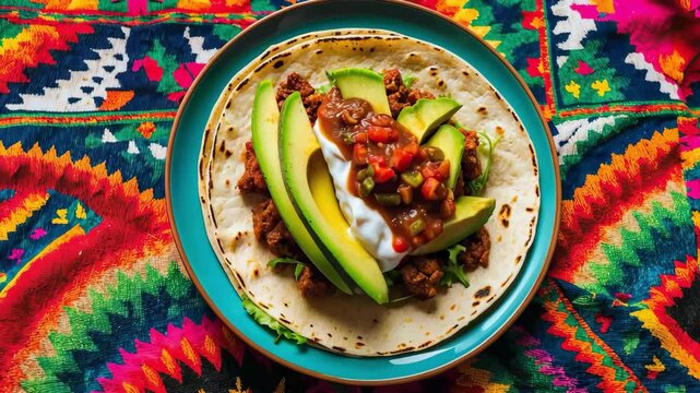 Vibrant taco with avocado and salsa on a colorful patterned tablecloth, showcasing culinary tradition and festive atmosphere